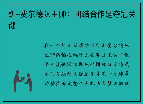 凯-费尔德队主帅：团结合作是夺冠关键